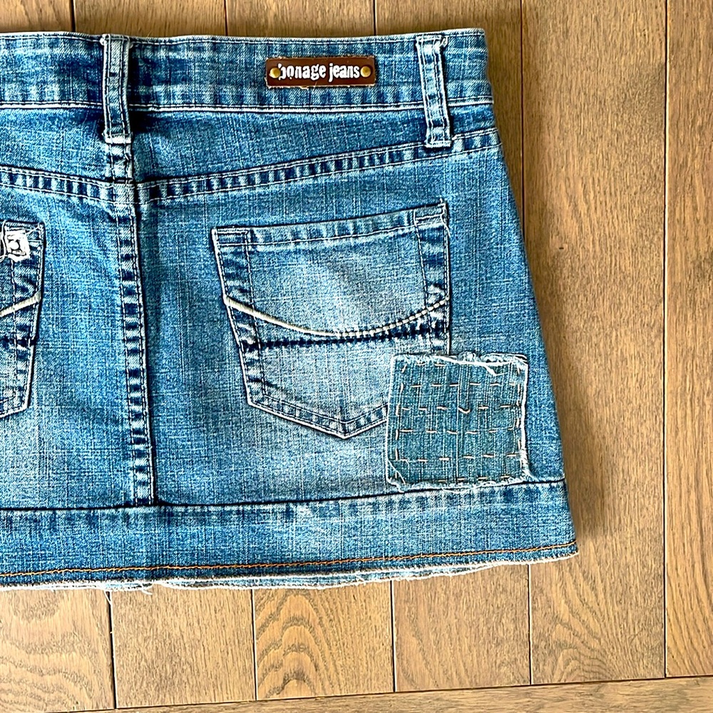 Bonage Jeans Distressed Sequin Denim Mini Skirt Patchwork Low Rise Stretchy 9/10 - Picture 10 of 16